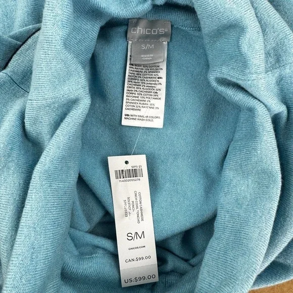 Chico's Cotton Cashmere Cinch Cowl Poncho Pullover Size S/M Blue Black - Picture 6 of 10